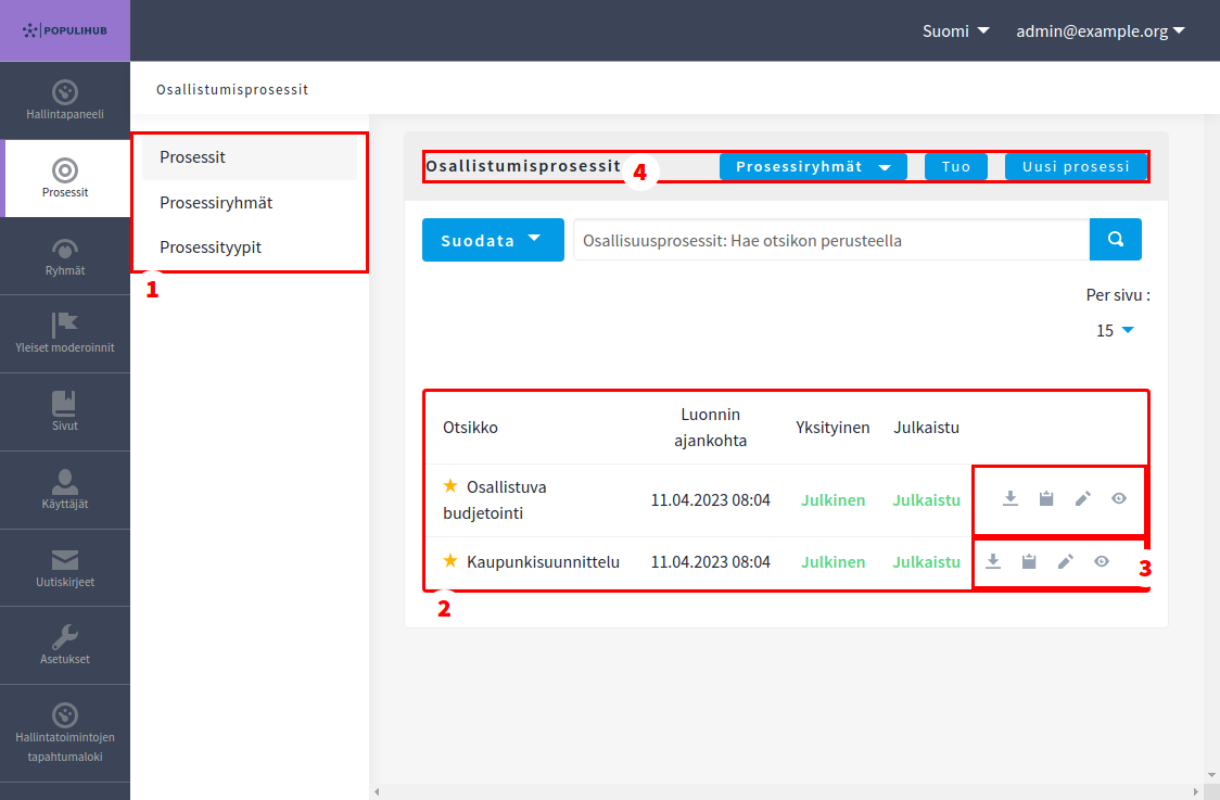 Yksittäisen osion näkymä