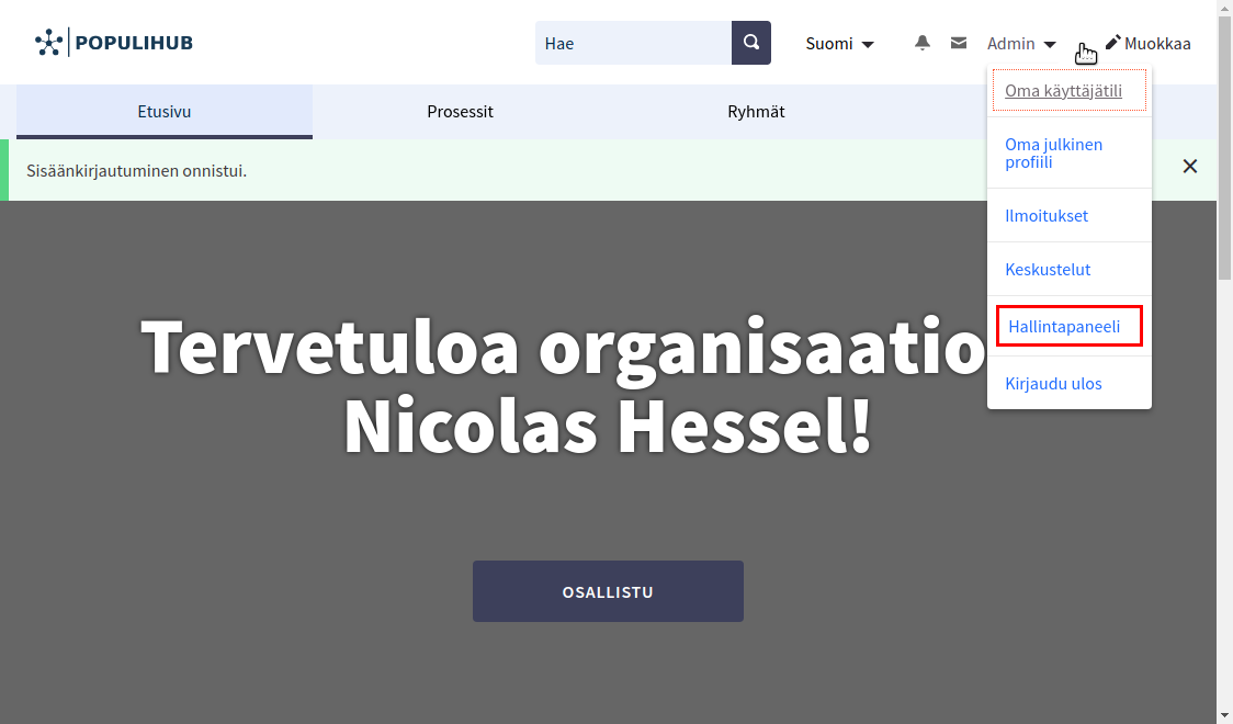 Hallintapaneeli -linkki